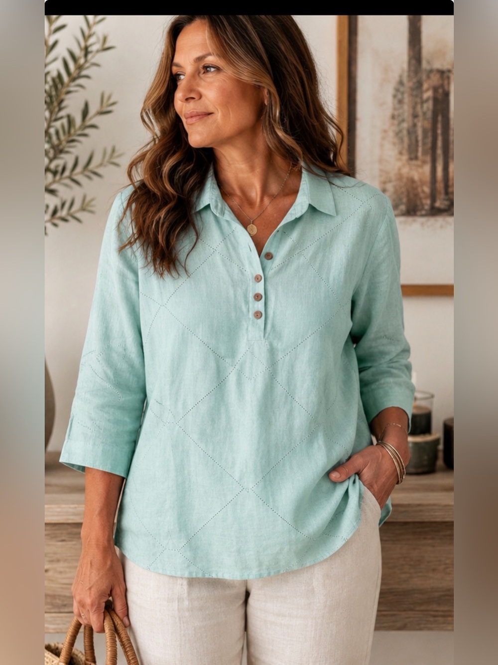 Mint Green Shirt Women’s Large 100% Linen Collared Pullover Coastal Cottagecore